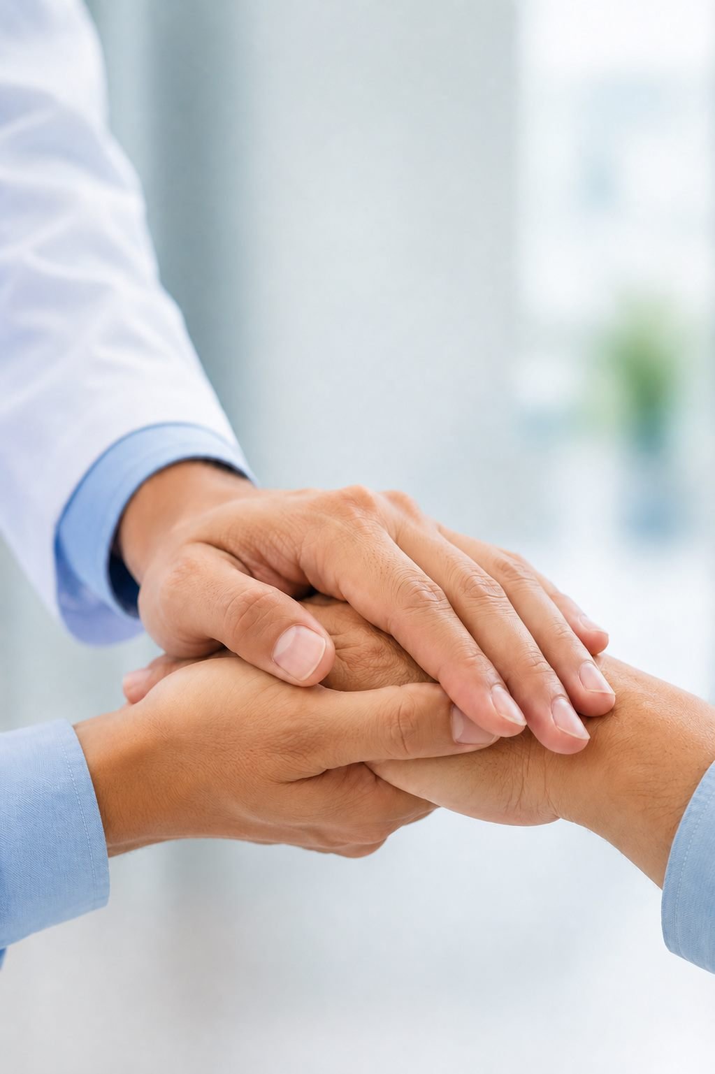 A healthcare professional reassuring a patient with a supportive touch